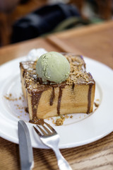 Honey Toast top with green tea Ice Cream and chocolate sauce