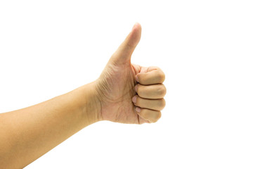 Hand of Asian man's thumb up isolated on white