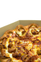 tasty pizza in the box isolated on white background