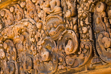 Fototapeta na wymiar Carving details at Banteay Srei temple