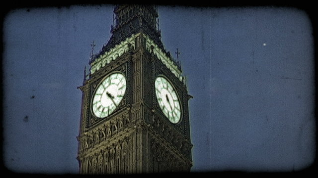 Big Ben at dusk. Vintage stylized video clip.