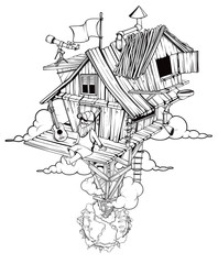 Pleased man sits in his secluded house. High above the ground. Black and white