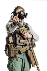 rebel with gas mask and rifles against a white background