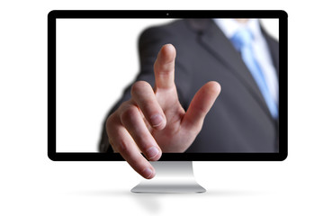 Businessman escaping from computer