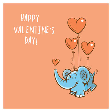 Vector card by Valentine's Day with cute cartoon elephant flying by balloons.