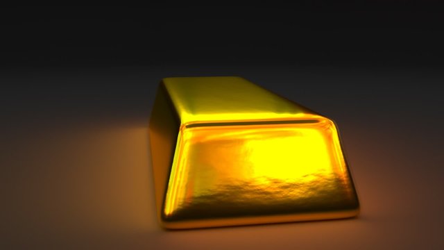 Animated realistic bar of gold in dark space. 360 degree camera tracking (no rotation). Special HDRI lighting to enhance realism in reflection and caustics.