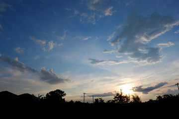 silhouette landscape with dramatic sunset sky background