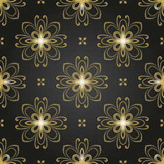 Floral vector black and golden ornament. Seamless abstract classic fine pattern