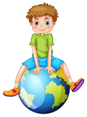 Little boy sitting on blue planet