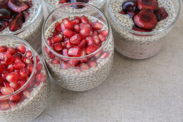 Chia seeds pudding with pomegranate and cherries, selective focus