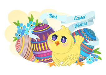 Chicken chibi on the background of Easter eggs and flowers forge