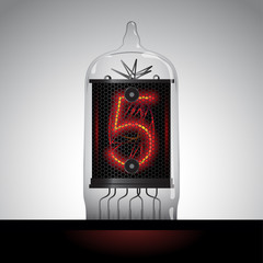 Nixie tube clock number 5. Cathode digit in a little glass dome vector illustration.