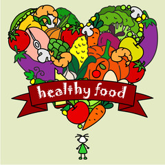 Healthy food in the form of heart and a slender man who loves this food.