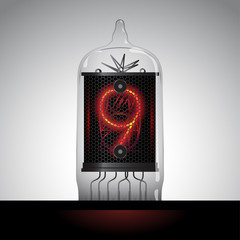 Nixie tube clock number 9. Cathode digit in a little glass dome vector illustration.
