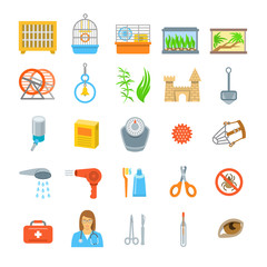 Pets grooming and health care accessories flat colorful vector icons. Cages for rabbit, bird, hamster, aquarium, terrarium and essential stuff. Symbols of domestic animals exterior care and veterinary