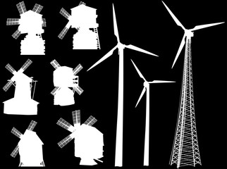 set of white windmills and turbine silhouettes