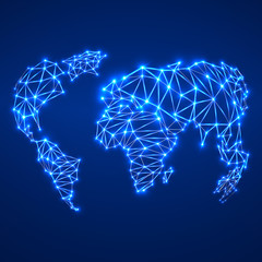 Abstract polygonal world map with glowing dots and lines