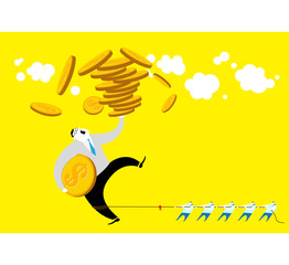Team work:The power of team work / A group of workers are push and pull with a big businessman holding a lot of money.