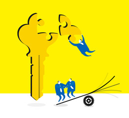 Team work : The key point. / Three businessmen collaborate to finish a puzzle of key.