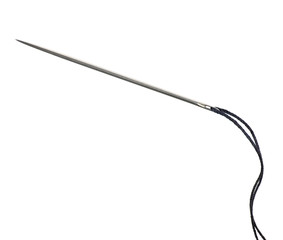 Needle for sewing and black thread, macro closeup, large detailed isolated horizontal studio shot