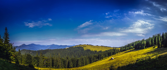 Beautiful panorama sunny day in the mountains of the Carpathians. Ukraine. Europe