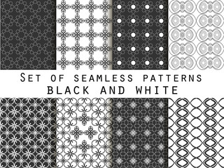 Black and white seamless patterns. Geometric patterns. Set.