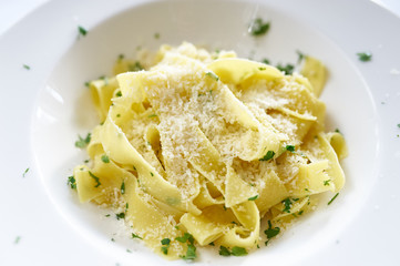Fettucine Alfredo pasta parmesan cheese on white plate