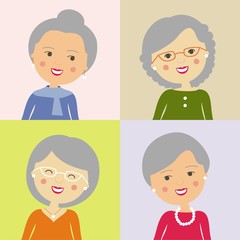 Conjunto de ancianas con el pelo gris en diferentes fondos de colores