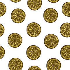 Seamless pattern with slice of lemons on the white background. Vector sketch illustration. Hand drawn background.