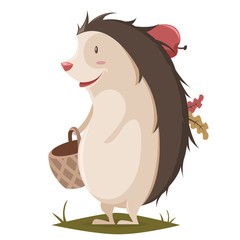 Hedgehog  with basket, apple and leaves. Cartoon vector illustration