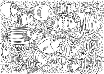 Fototapeta premium Hand drawn with ink background with many fishes in the water. Sea life design for relax and meditation. Vector illustration can be used for coloring book pages for kids and adults.