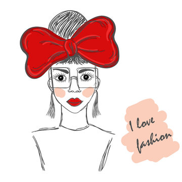 Hand drawn sketch of the cute fashion girl in glasses with a red bow. Fashion vector illustration.