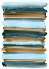 Watercolor painting background. Blue,brown and black strips.