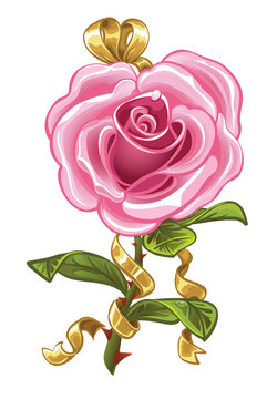 Pink Rose In The Shape Of Heart And Gold Bow