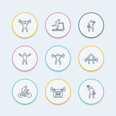 Gym icons, fitness exercises, training, workout round thin line icons, vector illustration