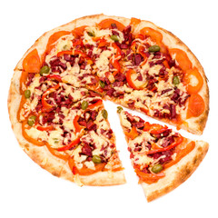 Pizza with cheese and ham isolated on white