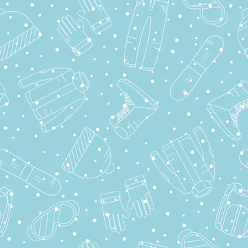Seamless pattern with accessories for snowboarding. Extreme winter sports icons. Vector snowy background.