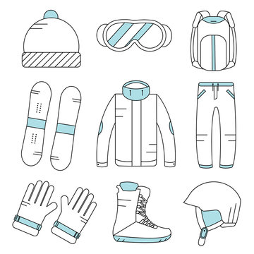 Vector linear snowboard equipment icons set. Winter sport activities icons. Gloves, boots, helmet, snowboard, ski suit, hat, sunglasses, backpack.