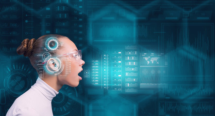 Futuristic girl in virtual room