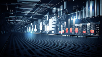 Office interior with graphs and diagrams