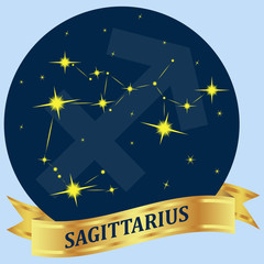 Sagittarius. Constellation and zodiac sign in the blue circle. Golden ribbon. Vector image.