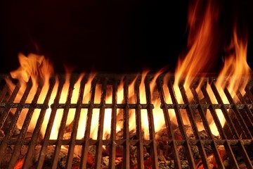 Empty Flaming Barbecue Grill Isolated On Black Background. Top V