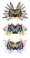 Tribal eyes splashes. Grunge eagle owl's eyes with floral elements,  colorful drops and feathers. Three options on a white background