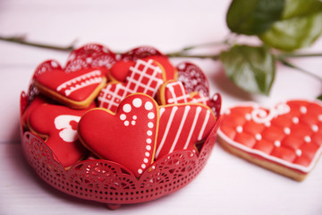 top view at heart shaped gingerbread cookies.