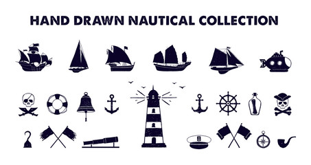 Hand drawn marine vector illustrations set.