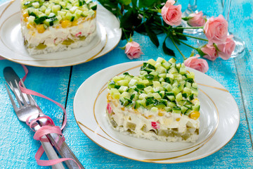 Salad with crab sticks on dark wooden background. Valentine's Da