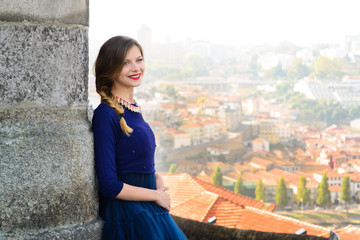 Fototapeta premium Portrait Of Fashion Woman In Blue Dress