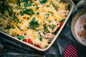 Warm dish baked macaroni chicken mushrooms