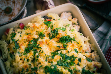Baked macaroni chicken mushrooms