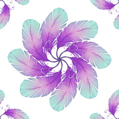Watercolor seamless pattern with bird feathers.